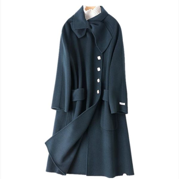 

women's wool & blends double-sided coat mid-length 2021 autumn and winter style over-the-knee high-end loose woolen overcoat female, Black