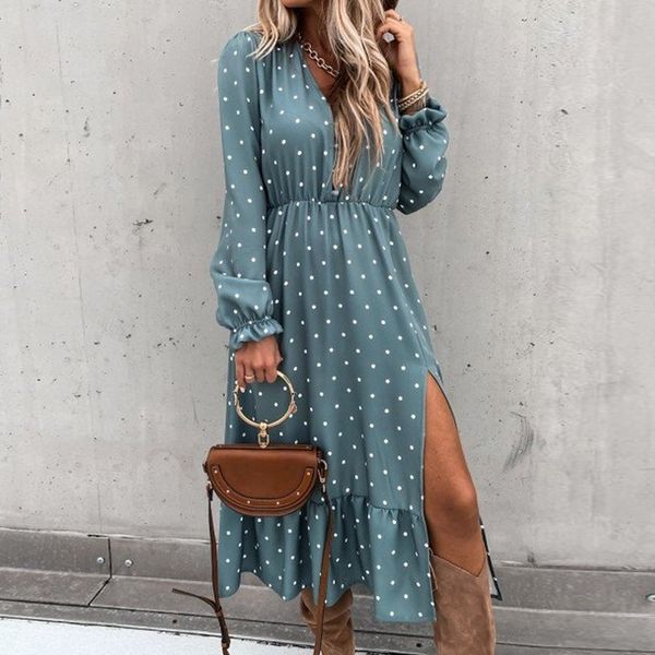 

new women maxi v neck boho long sleeve woman dress split button casual party dresses for women vestidos, Black;gray