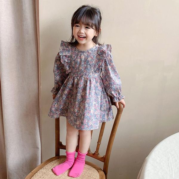 

girl's dresses spring 2021 kids clothes baby girls dress sweet child flower printing long sleeve lace princess, Red;yellow