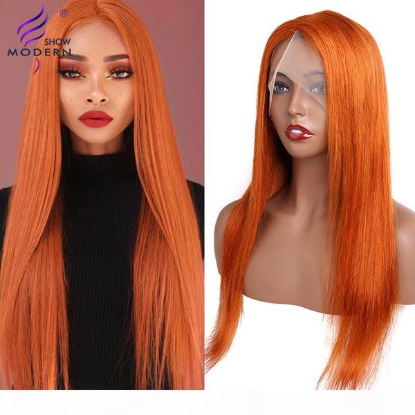 

modern show brazilian hd transparent t part lace front wig ginger orange colored lace front human hair wigs for women remy, Black;brown