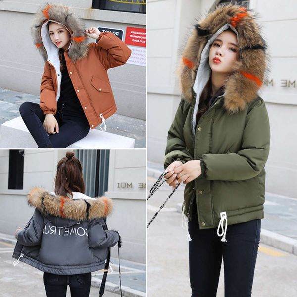 

20212020 winter new thickened net red bread short down women's big hair collar small cotton jacket, Black