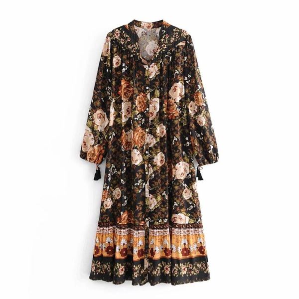 

women floral printed dress long sleeves v-neckline loose midi vintage chic vestidos femme robe casual dresses, Black;gray