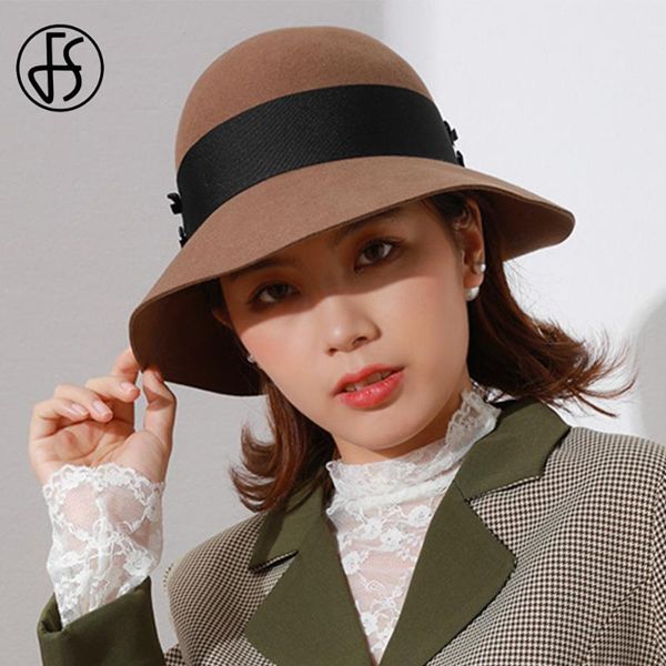 

stingy brim hats fs wide wool felt dome fedora for women winter cloche curling hat fedoras bowler cap buckle bowknot, Blue;gray