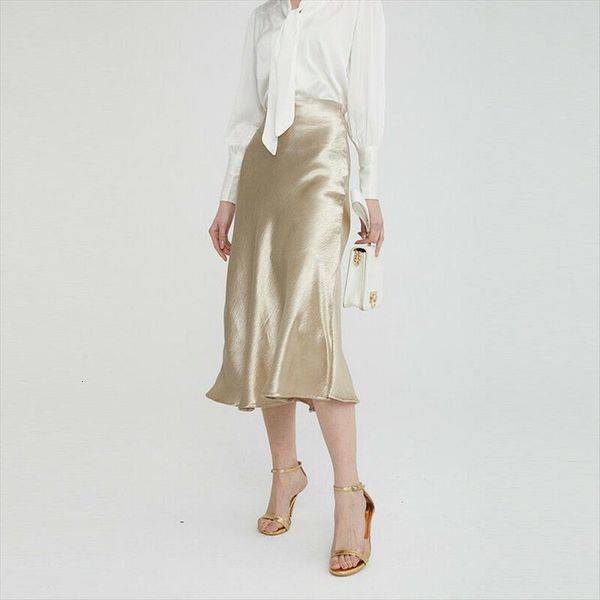 

summer glossy satin trumpet women skirt high waist silver gold office knee length metallic color shiny party, Black