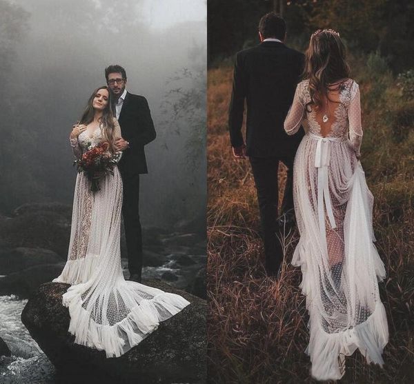 

romantic country wedding dresses long train a-line 2021 backless nude and ivory bohemian bride beach wedding dress boho bridal gowns, White