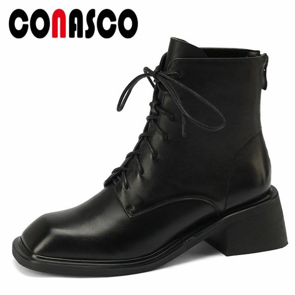 

boots conasco fashion women ankle autumn winter warm genuine leather causal prom office lady concise punk shoes woman, Black