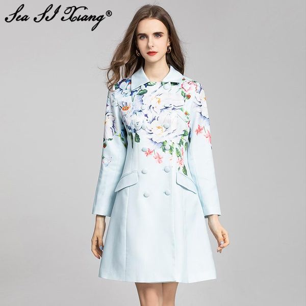 

women's trench coats seasixiang fashion designer spring/autumn coat women turn-down collar long sleeve flower print double breasted ove, Tan;black