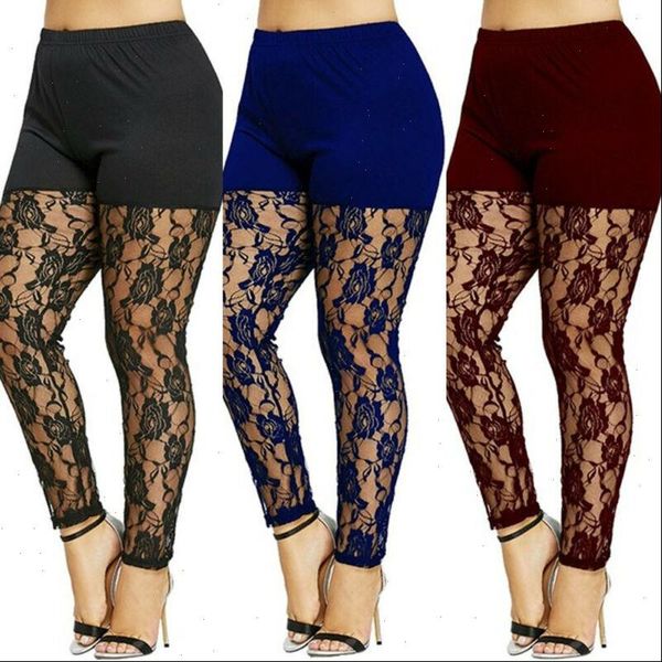 

new women casual skinny pants leggings fashion patchwork print mesh elastic waist full pencil leggings plus size us, Black