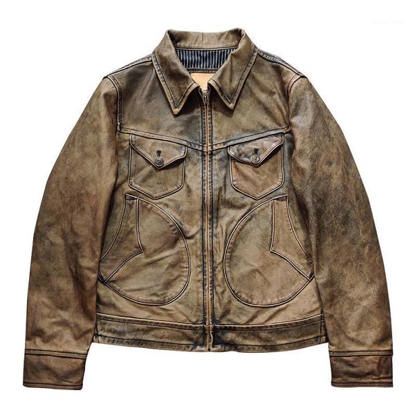 

men's leather & faux 2021 vintage brown genuine jacket men retro casual style plus size 4xl real natural horsehide autumn slim fit shor, Black