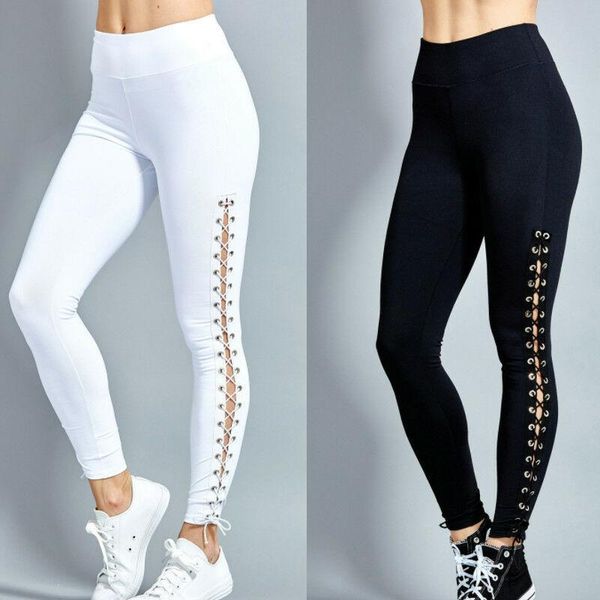 

women's pants & capris 2021 fashion women high waist lace up casual pencil slim bandage trousers strappy track solid color, Black;white