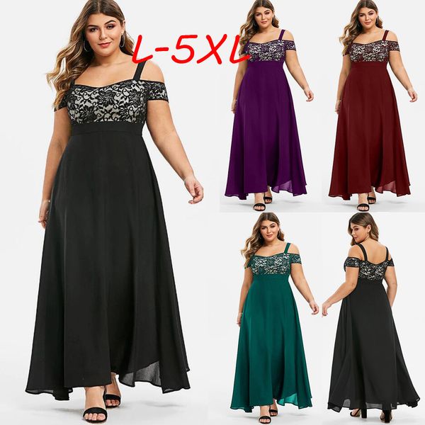 

women summer dress plus size cold shoulder floral solid lace maxi fashion female evening party casual long dress vestidos, Black;gray