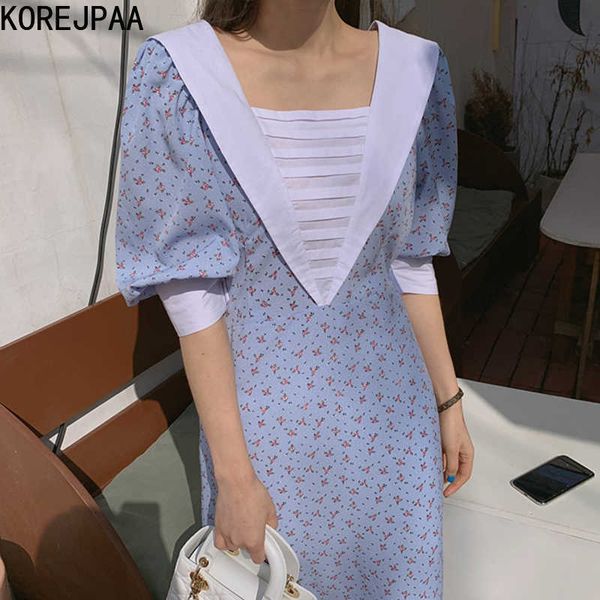 

korejpaa women dress korea chic elegant retro square collar stitched shredded flower bubble sleeve vestido sundress 210526, Black;gray