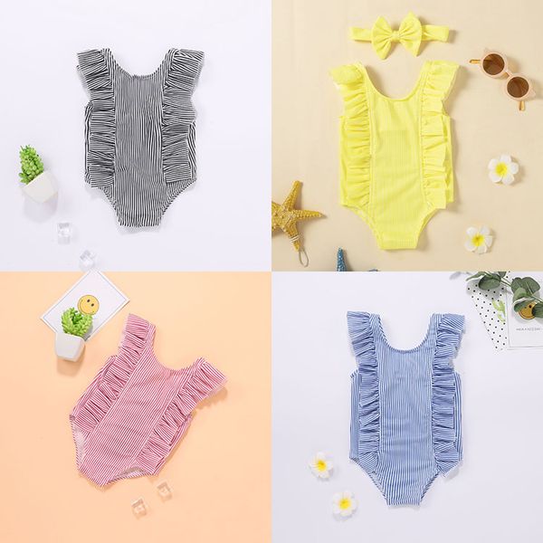 Çocuk Çizgili Mayo Tek Parça Bebek Kız Ruffled Mayo Yaz Plaj Bikini Çocuk Fırfır M3983