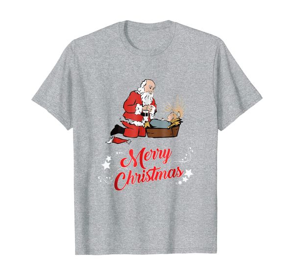 

santa kneeling and praying at the feet of jesus t-shirt, White;black