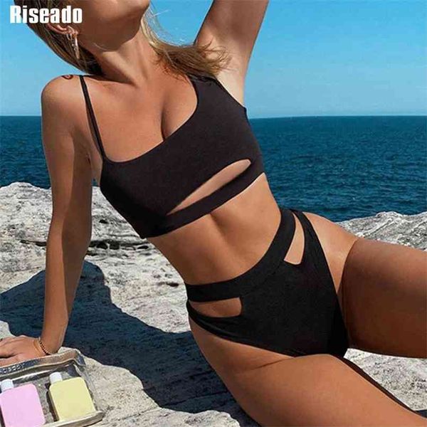 

riseado bikini set cut out swimwear women high waist strap bathing suits brazilian biquini black beach wear 210722, White;black