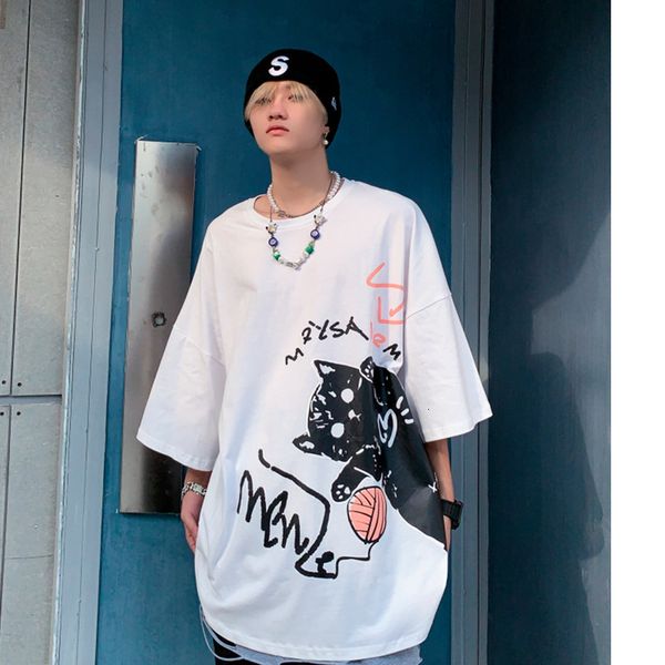 

t shirt 2021 summer men's clothing korean cat print oversize fashion brand short sleeve lovers, White;black