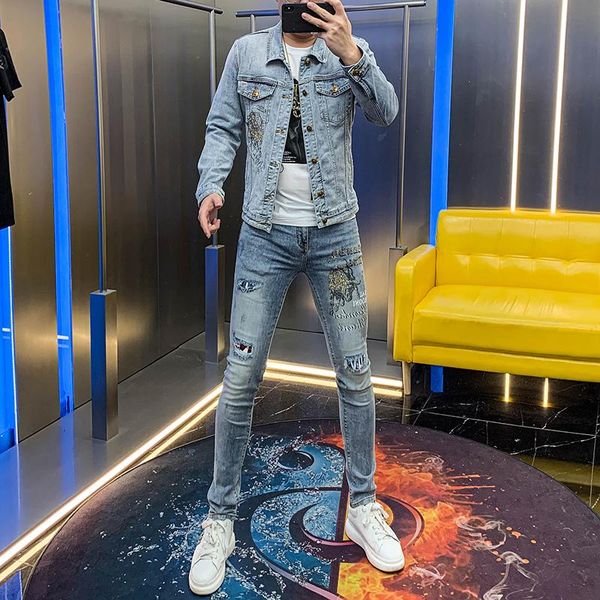 

men's tracksuits spring and autumn 2021 letter taurus diamond fashion brand jacket denim suit net red society two piece set, Gray