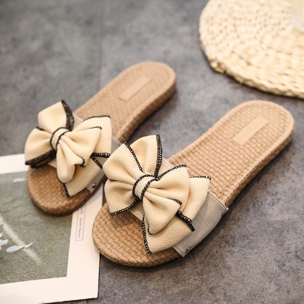 

slippers women casual bowknot flax linen slides flat beach shoes ladies indoor bohemia female flip flops, Black