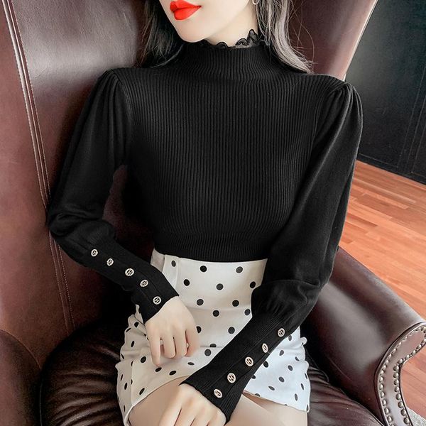 

women's sweaters spring/autumn sweater fashion casual stripe slim stretch cotton long sleeve mock neck pullover houthion, White;black