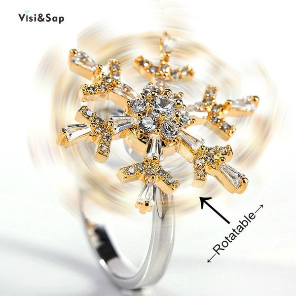 

wedding rings visisap creative rotatable turrnning snowflake for gifts opening exaggerated personality ring women jewelry factory b1332, Slivery;golden