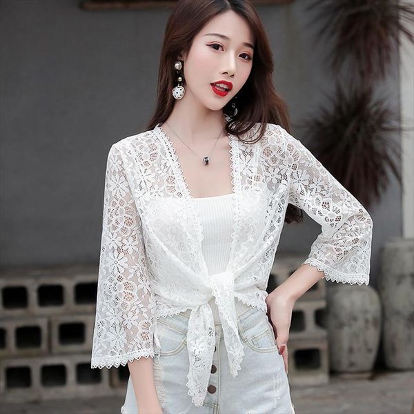 

summer casual beach kimono womens shirts cardigan loose lace sunscreen hollow out beachwear white black