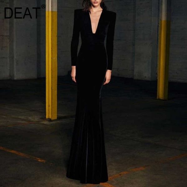 

[deat] fashion spring autumn v-neck floor-length long sleeve black chic elegant velvet dress 13c153 210527, Black;gray