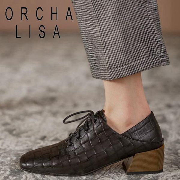 

dress shoes orcha lisa 2021 ladies pumps round toe 4.5cm spike heels genuine leather lace-up classic all-match big size 42 casual b2308, Black