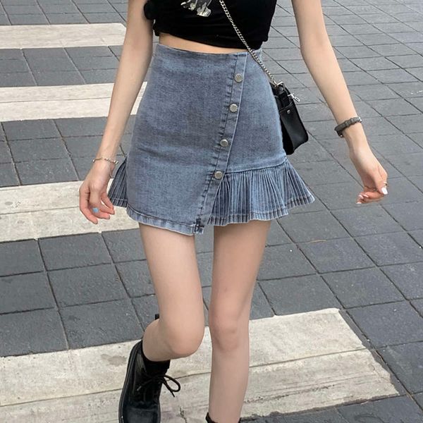 

high waist denim short anti light pleated a-line women's summer 2021 new irregular skirt, Blue