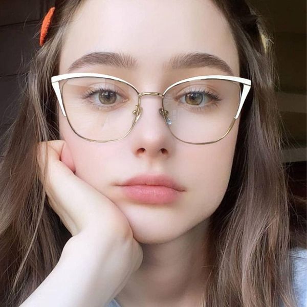 

sunglasses 80050 anti-blue light metal cat eye glasses frame spring leg men women optical fashion computer eyeglasses, White;black