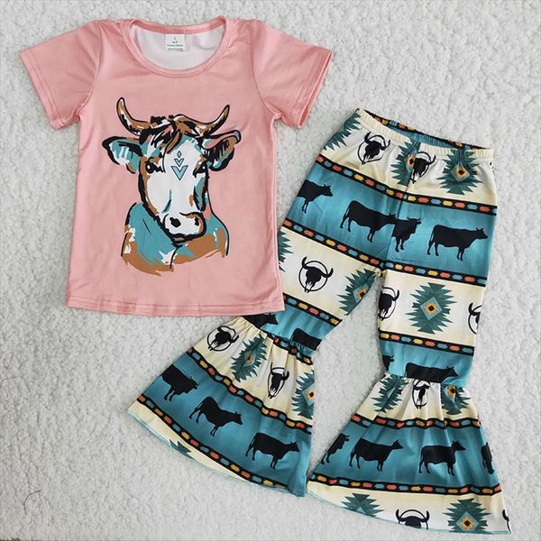 

toddler infant girl cow print short sleeve t shirt farm life bell bottom fashion baby outfit wholesale boutique clothes, White