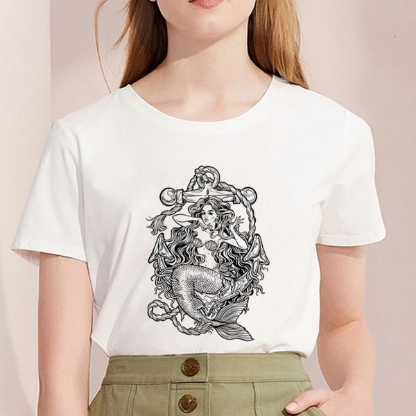 

new summer 2021 t-shirt femme mermaid print harajuku t shirt women fashion tshirt o-neck short sleeve white female clothing