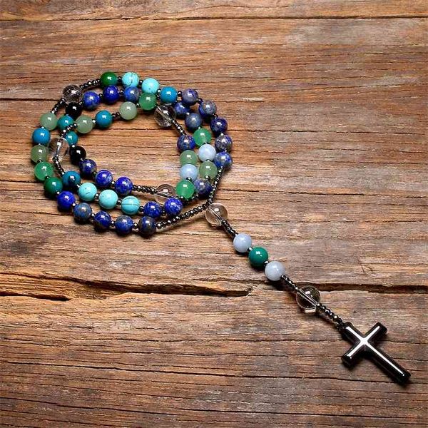 Lapis natural Lazuli Mala Mala Cross Catholic Cristo Rosário Colares Hematite Pingente Colar para mulheres e homens 210721