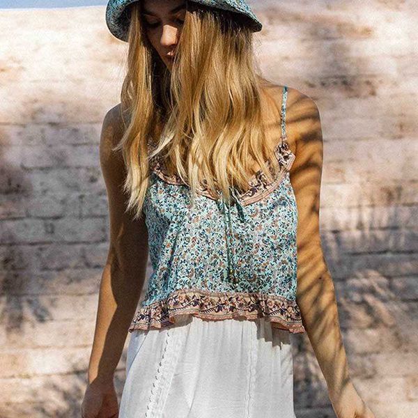 

women's tanks & camis sleeveless v neck strap women blue floral print summer ruffles casual beach wear female 625i, White