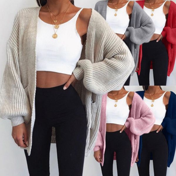 

2021 new casual women lantern sleeve cardigans autumn winter knitted sweater cardigan ladies solid long sweaters veez, White;black