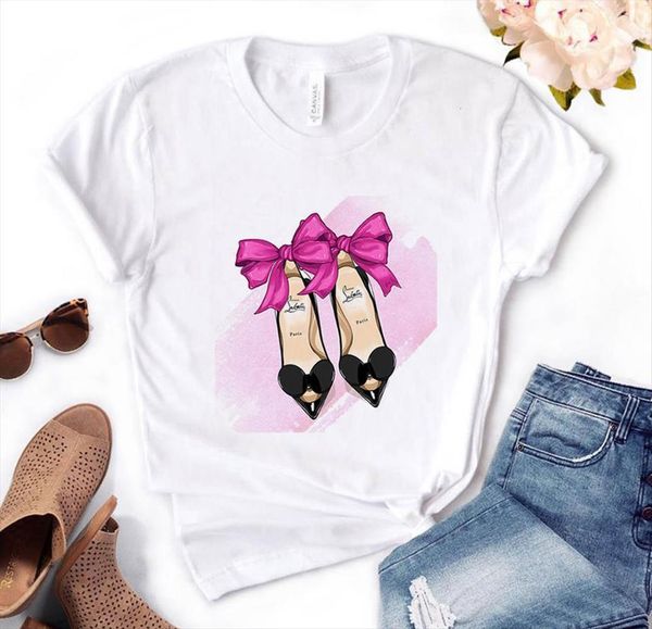 

shoes bow print cotton women t shirt casual funny yong girl tee pm 167, White