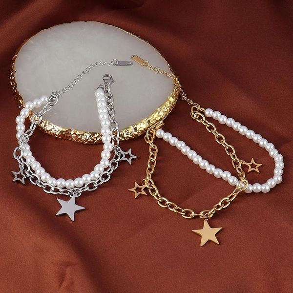 

link, chain gold color charm star pendant bracelets for women fashion multilayer stainless steel pearl beaded jewelry gift, Black