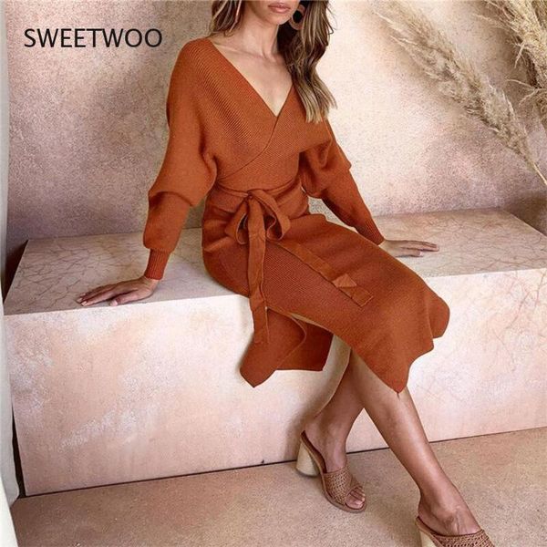 

casual dresses winter women's sweater dress hollow solid color bat sleeve slim ladies v-neck slit, Black;gray