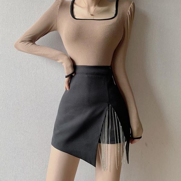 

women's shorts elegant black skirts women summer bling diamond rhinestone chain high waist skirt office lady wear nightclub clothes, White;black