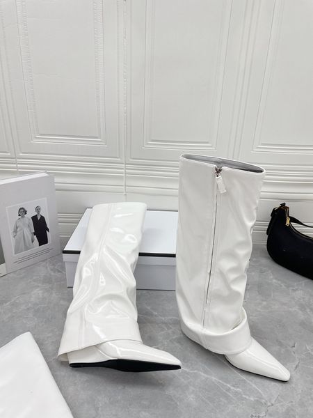 

new patent leather pointed toe wedges boots women's high long barrel knight boots high heel spring autumn single boots, Black