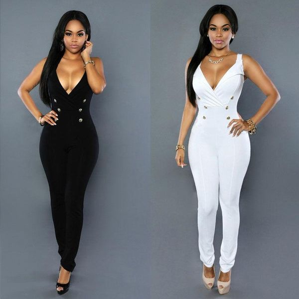 

women's jumpsuits & rompers womens deep v-neck sleeveless bandage bodycon jumpsuit romper trousers clubwear, Black;white