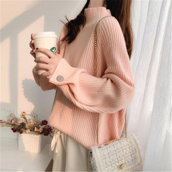 

women's sweaters knitted women sweater fashion loose half turtleneck solid pullovers 2021 winter batwing sleeve button pz2768, White;black