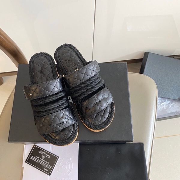 

2021 rome women shoes summer slippers hemp rope flat cross-tied sandals designer slippers with box dust bag 35-41, Black