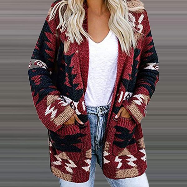 

women's wool & blends 2021 winter long sleeve loose jacket vintage pattern print woolen clothes coats women casual v neck pocket autum, Black
