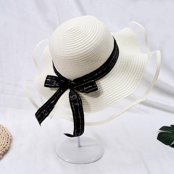 

wide brim hats summer women sun straw hat with lace bowknot net yarn beach travel uv protection paper cap for girl dropship, Blue;gray