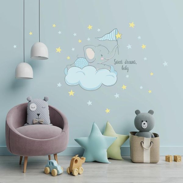 

wall stickers cartoon elephant on the clouds sticker kids baby room bedroom home decoration wallpaper self-adhesive cute animal