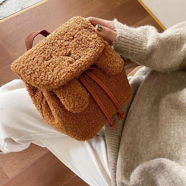 

outdoor bags 2021 cute school lovely fur bear women mini backpack girl travel fleece small backpacks casual female rucksack mochila