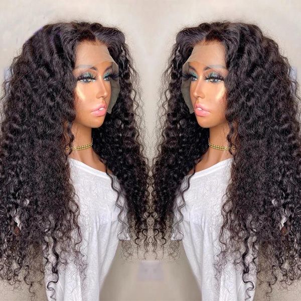 

lace wigs deep wave black color human hair front wig for women 360 frontal natural hairline glueless preplucked t part 200%density, Black;brown
