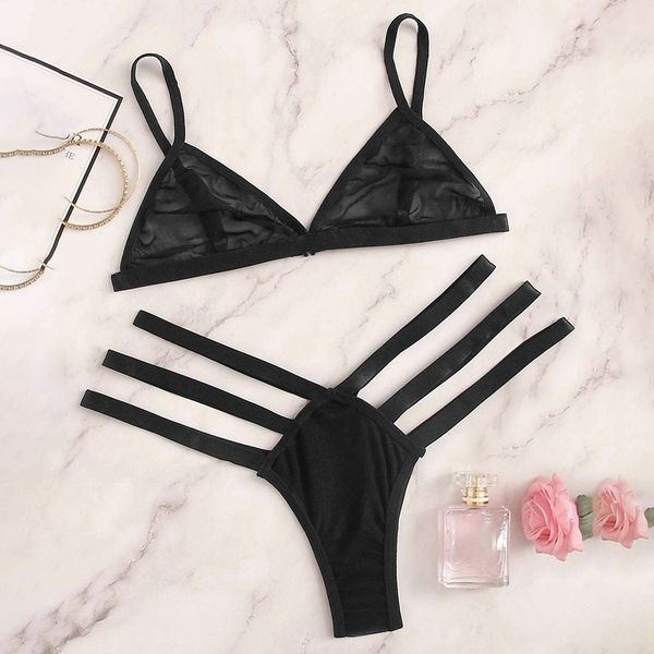 

womens bra set lace lingerie g-string thong underwear sleepwear straps panty bandage set babydoll bra set mujer, Black