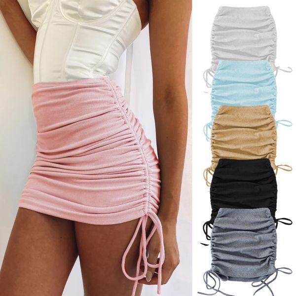 

fashion knitted thread bag hip skirt slim side drawstring elastic pleated adjustable skirt autumn women's clothing 210305, Black