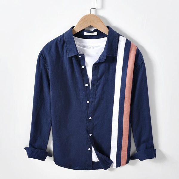 

men's casual shirts spring fall fashion striped patchwork men japan style cotton linen long sleeve lapel blouses male, White;black